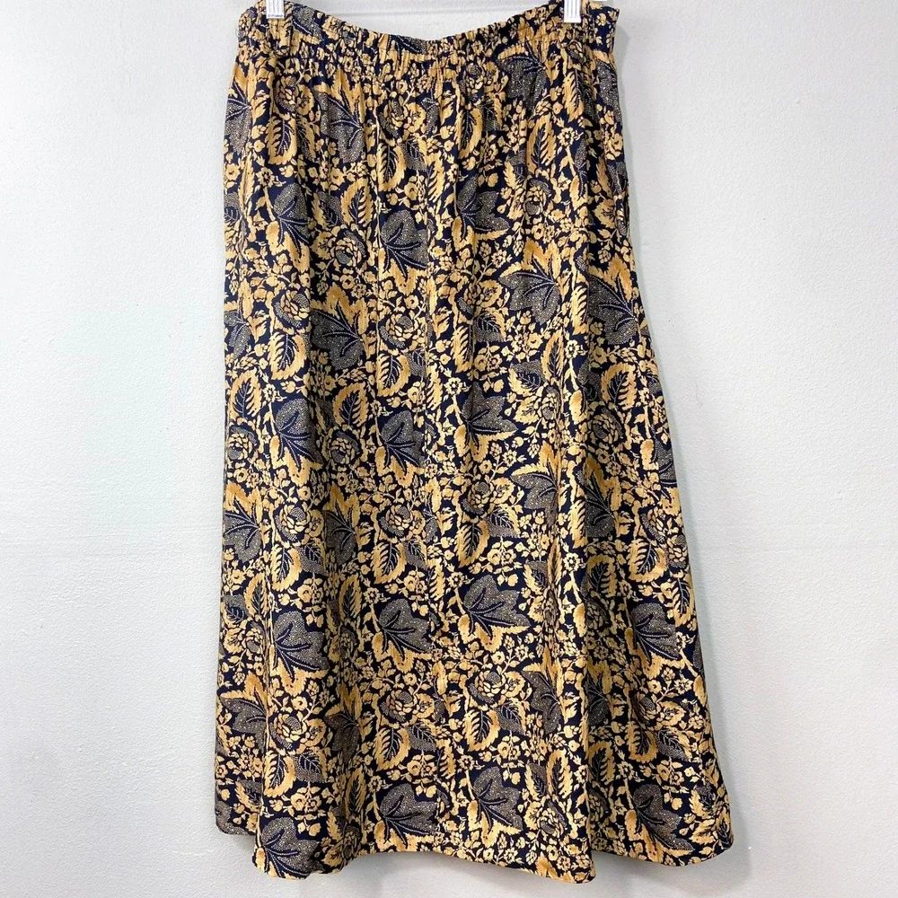 Vintage 90s The Villager Midi Skirt Size L Navy Gold Floral Paisley Cottagecore‎